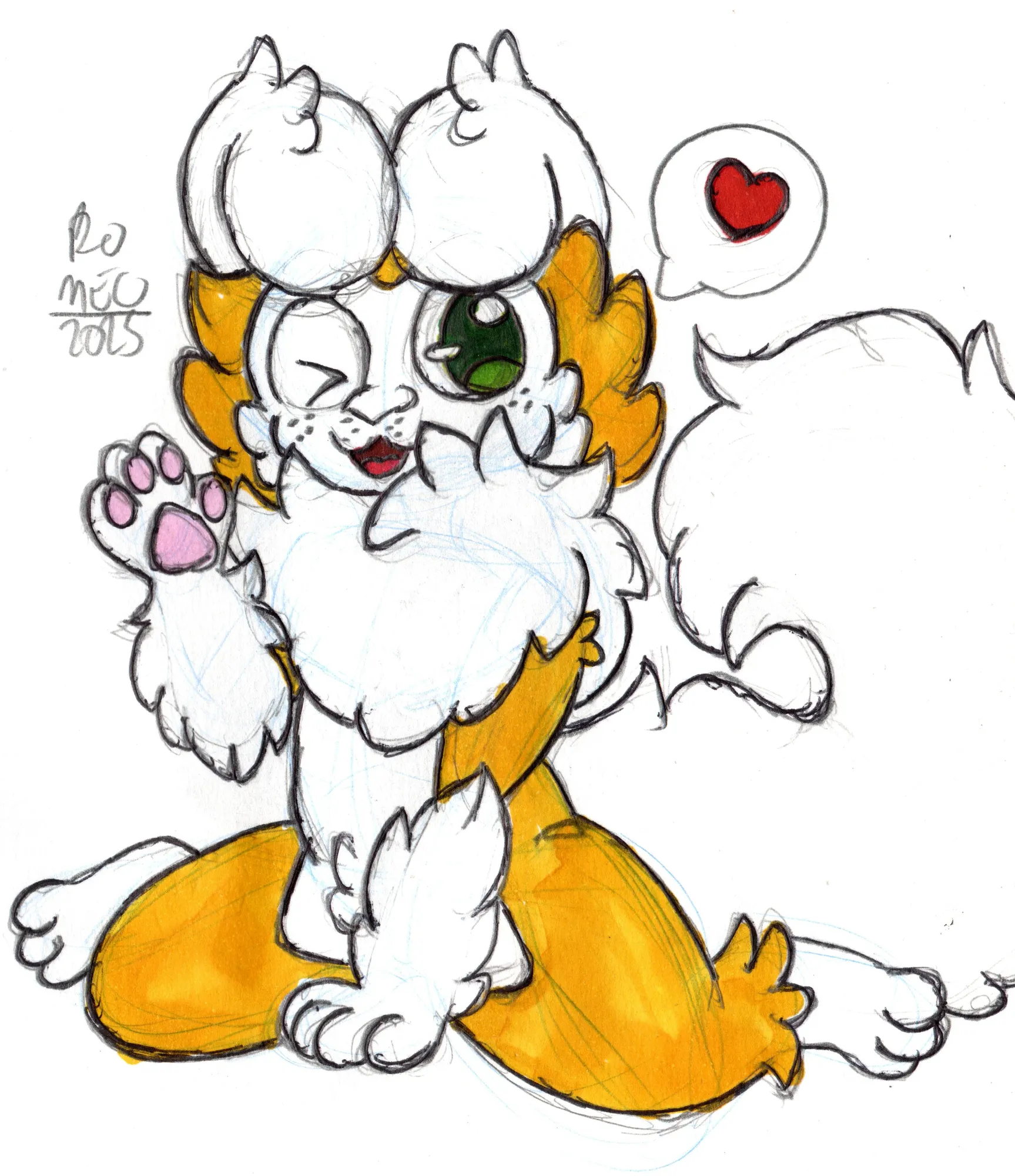 O Romeo está sentado e acenando para alguém. Ele está olhando para o lado, e uma das paras está no chão. E essa é a versão do desenho em que colori as partes mais claras do Romeo com um marcador amarelado.