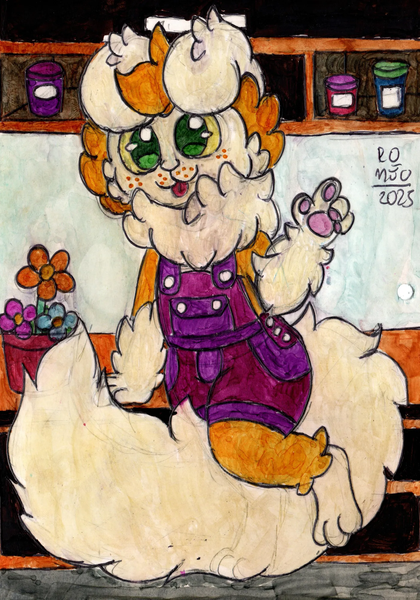 Apenas o Romeo vestindo um macacão na cozinha.