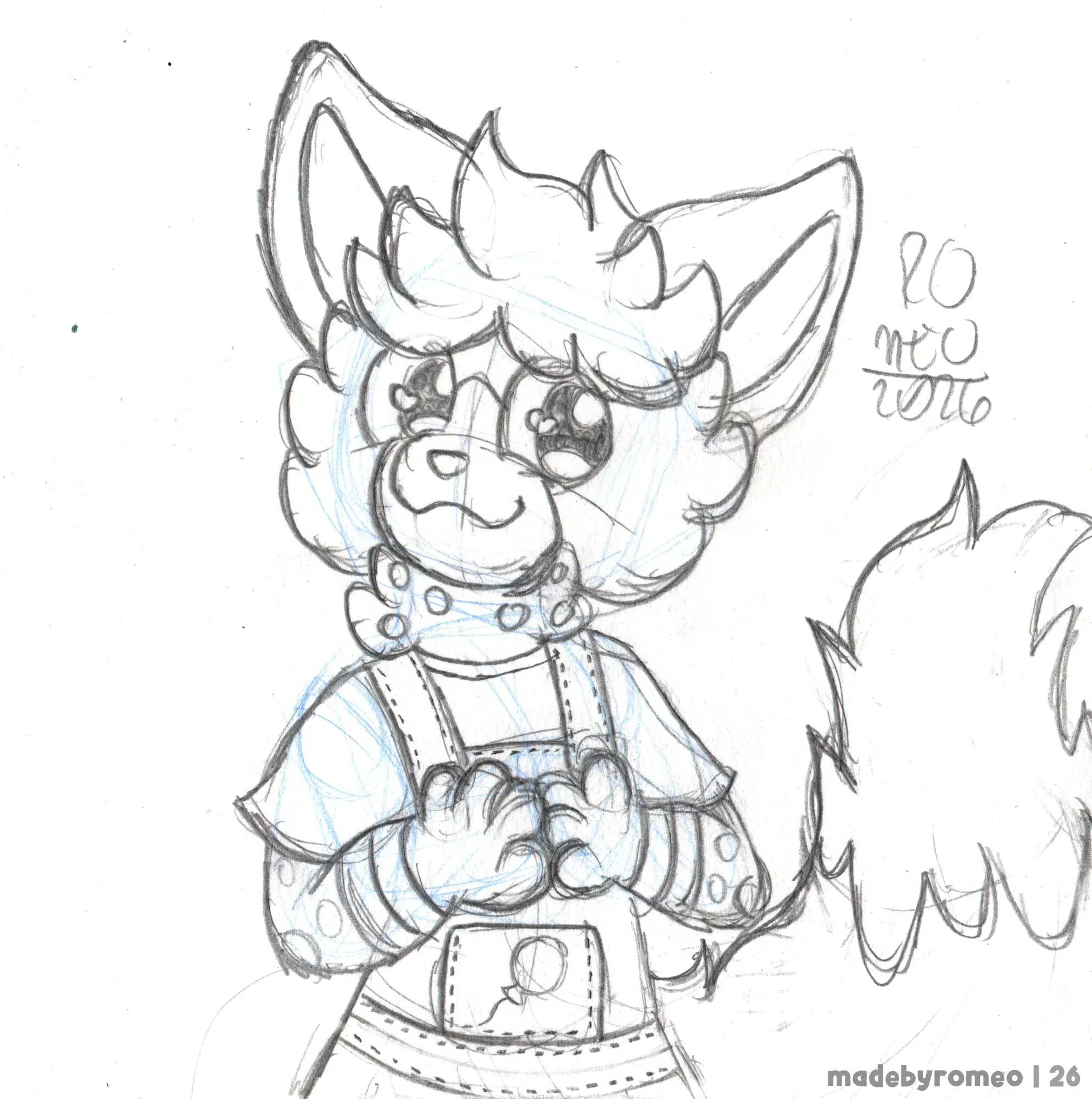 Um Hieno-Guará fofinho, vestindo um macacão