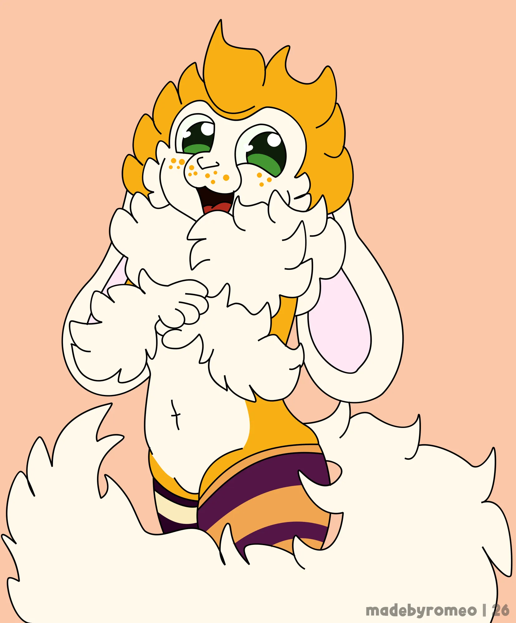 O Romeo te olhando com uma carinha fofa e ele está com aquelas meias listradas