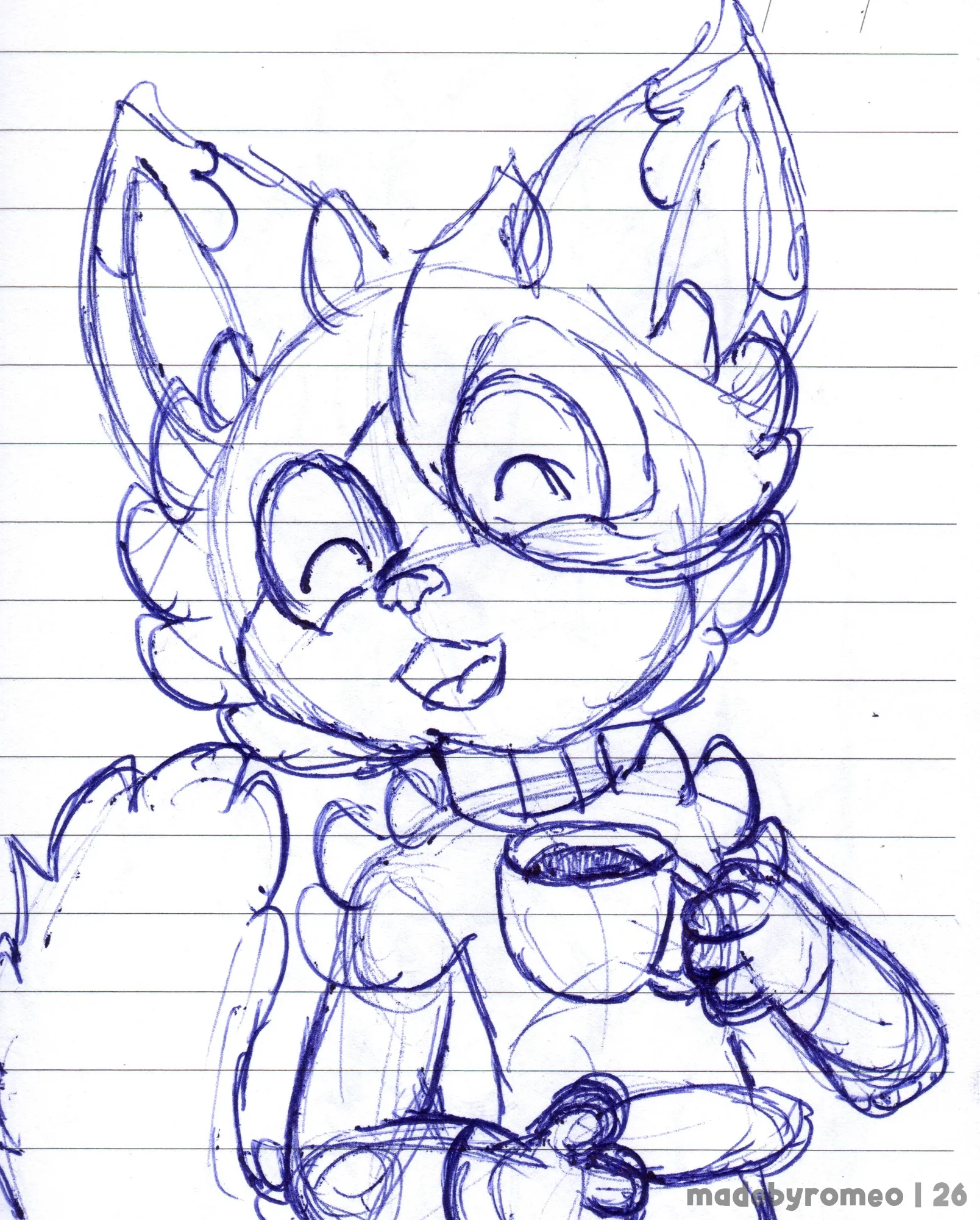 Apenas o Mocha tomando um cafézinho e com uma expressão de como ele estivesse conversando com alguém