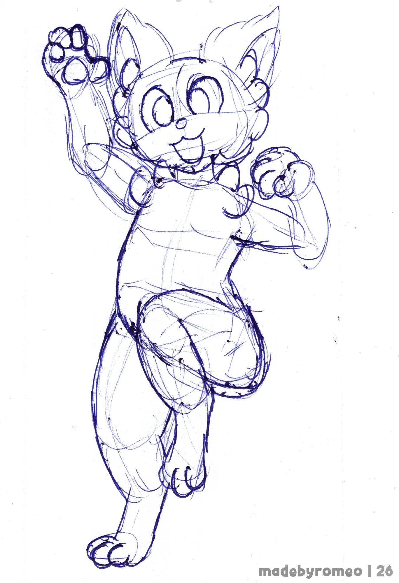 Um personagem com a perna levantada e acenando com uma das patas